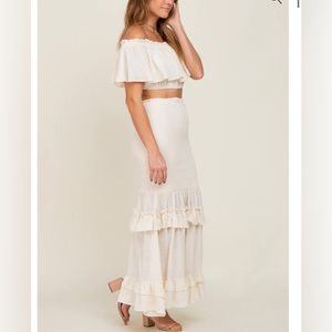 Pink Blush Maternity Cream Linen Off Shoulder Top and Smocked Tiered Skirt Set